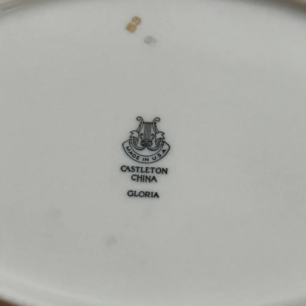 Castleton China Gloria Oval Vegetable Bowl Gray Rose Gold Trim Blue Made in USA